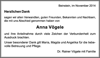 Traueranzeige von Anna Vögele von Waiblinger Kreiszeitung