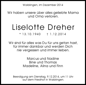 Traueranzeige von Liselotte Dreher von Waiblinger Kreiszeitung