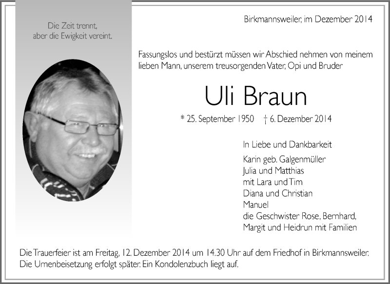  Traueranzeige für Uli Braun vom 10.12.2014 aus Waiblinger Kreiszeitung