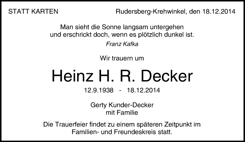  Traueranzeige für Heinz H. R. Decker vom 23.12.2014 aus Waiblinger Kreiszeitung