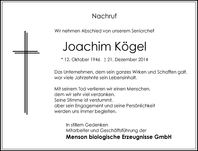  Traueranzeige für Joachim Kögel vom 23.12.2014 aus Waiblinger Kreiszeitung