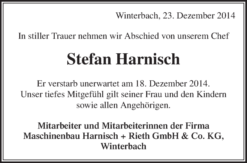  Traueranzeige für Stefan Harnisch vom 23.12.2014 aus Waiblinger Kreiszeitung