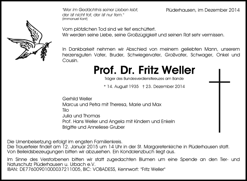 Traueranzeige für Fritz Weller vom 30.12.2014 aus Waiblinger Kreiszeitung