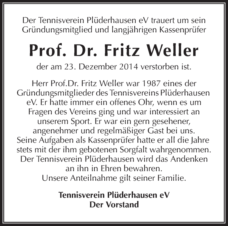  Traueranzeige für Fritz Weller vom 31.12.2014 aus Waiblinger Kreiszeitung