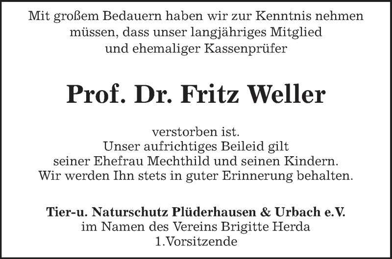  Traueranzeige für Fritz Weller vom 31.12.2014 aus Waiblinger Kreiszeitung
