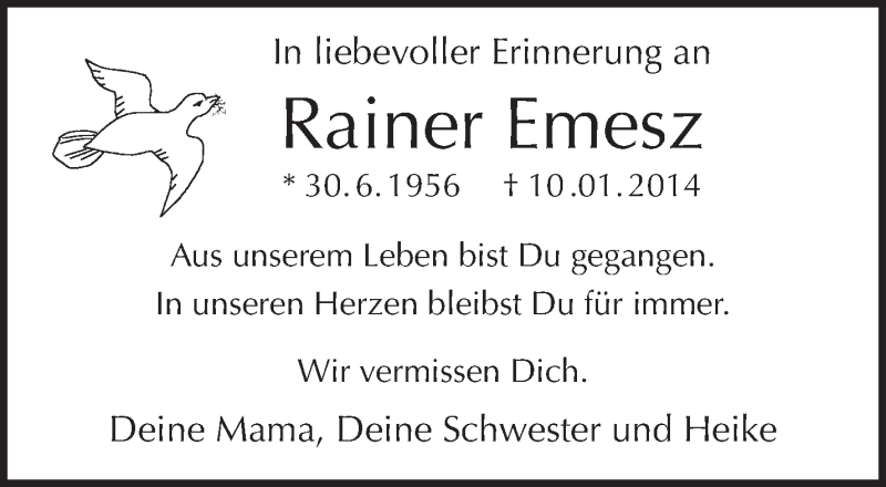  Traueranzeige für Rainer Emesz vom 10.01.2015 aus Waiblinger Kreiszeitung