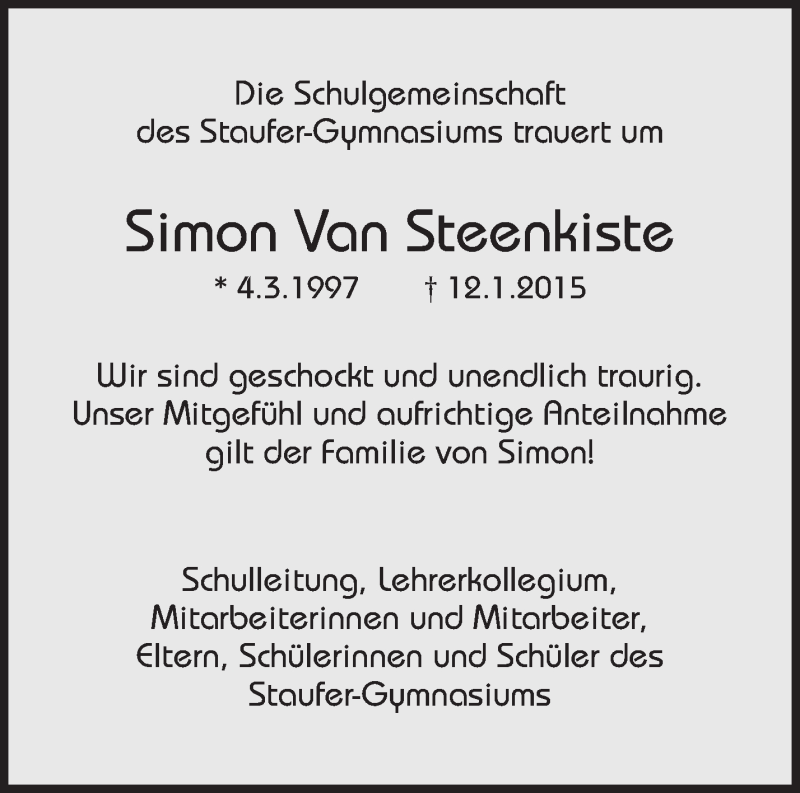  Traueranzeige für Simon Van Steenkiste vom 19.01.2015 aus Waiblinger Kreiszeitung