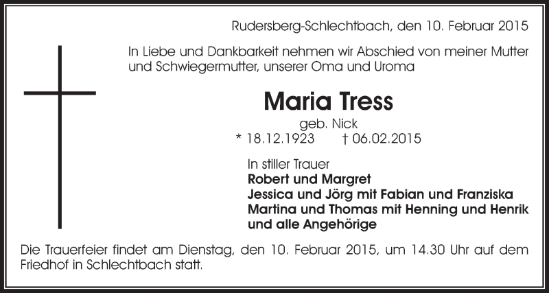  Traueranzeige für Maria Tress vom 09.02.2015 aus Waiblinger Kreiszeitung