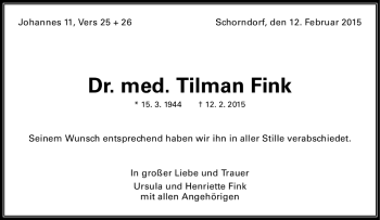 Traueranzeige von Tilman Fink von Waiblinger Kreiszeitung