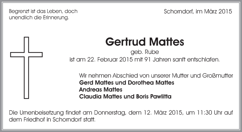  Traueranzeige für Gertrud Mattes vom 06.03.2015 aus Waiblinger Kreiszeitung