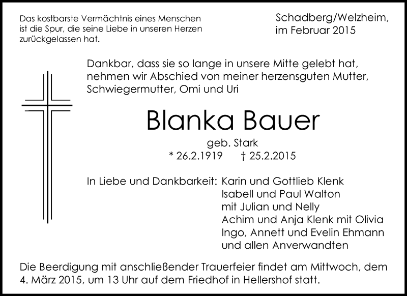  Traueranzeige für Blanka Bauer vom 28.02.2015 aus Waiblinger Kreiszeitung