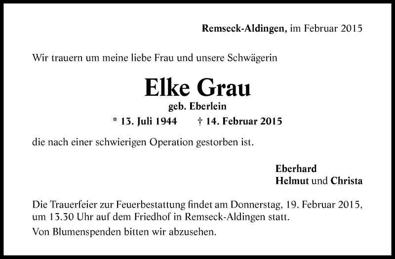  Traueranzeige für Elke Grau vom 17.02.2015 aus Waiblinger Kreiszeitung