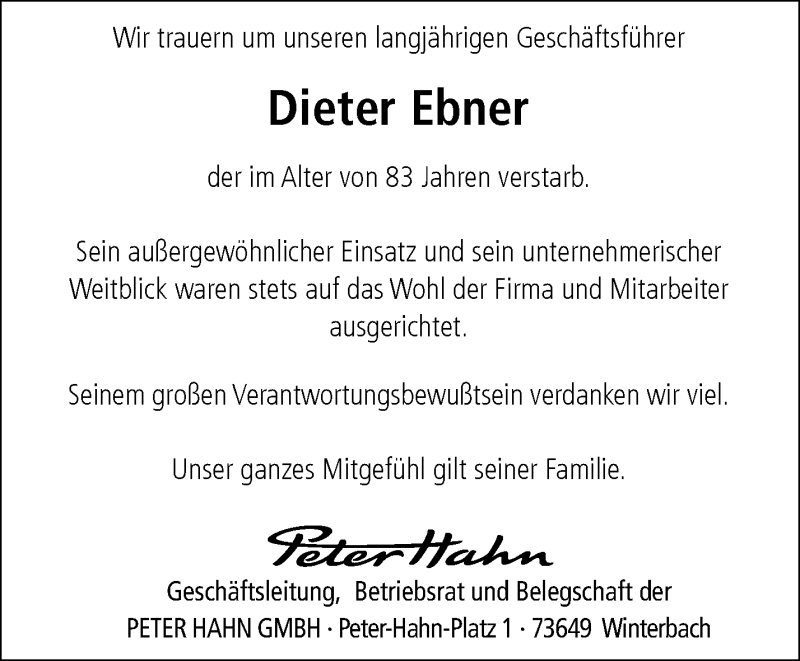  Traueranzeige für Dieter Ebner vom 03.03.2015 aus Waiblinger Kreiszeitung