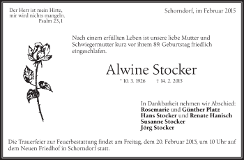 Traueranzeige von Alwine Stocker von Waiblinger Kreiszeitung