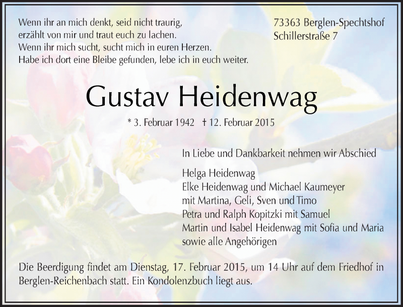  Traueranzeige für Gustav Heidenwag vom 14.02.2015 aus Waiblinger Kreiszeitung