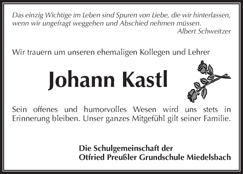  Traueranzeige für Johann Kastl vom 13.02.2015 aus Waiblinger Kreiszeitung