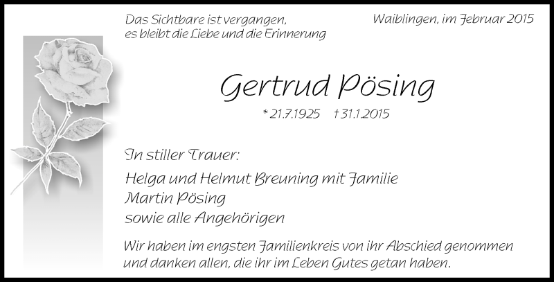  Traueranzeige für Gertrud Pösing vom 14.02.2015 aus Waiblinger Kreiszeitung
