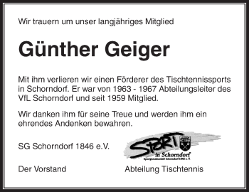 Traueranzeige von Günther Geiger von Waiblinger Kreiszeitung