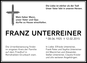 Traueranzeige von Franz Unterreiner von Waiblinger Kreiszeitung