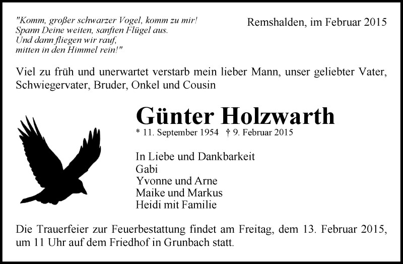  Traueranzeige für Günter Holzwarth vom 11.02.2015 aus Waiblinger Kreiszeitung