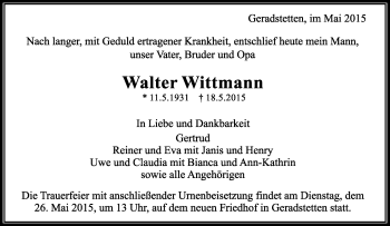 Traueranzeige von Walter Wittmann von Waiblinger Kreiszeitung