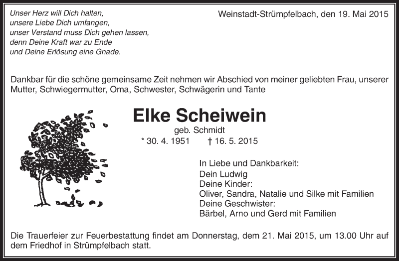  Traueranzeige für Elke Scheiwein vom 19.05.2015 aus Waiblinger Kreiszeitung