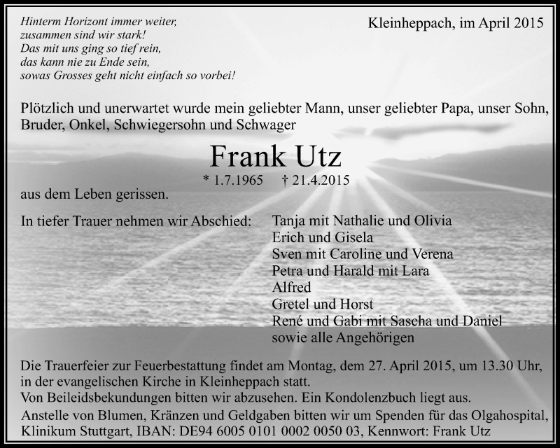  Traueranzeige für Frank Utz vom 23.04.2015 aus Waiblinger Kreiszeitung