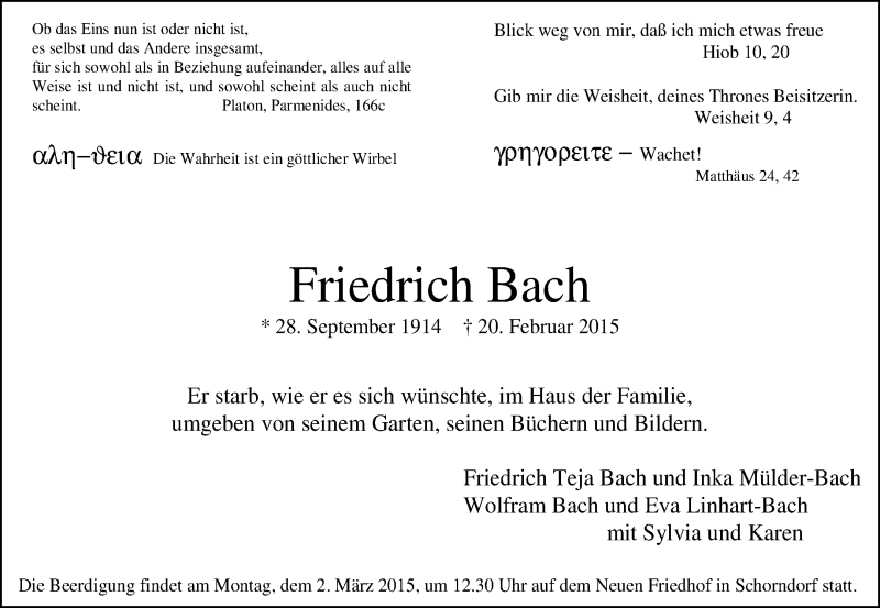  Traueranzeige für Friedrich Bach vom 27.02.2015 aus Waiblinger Kreiszeitung
