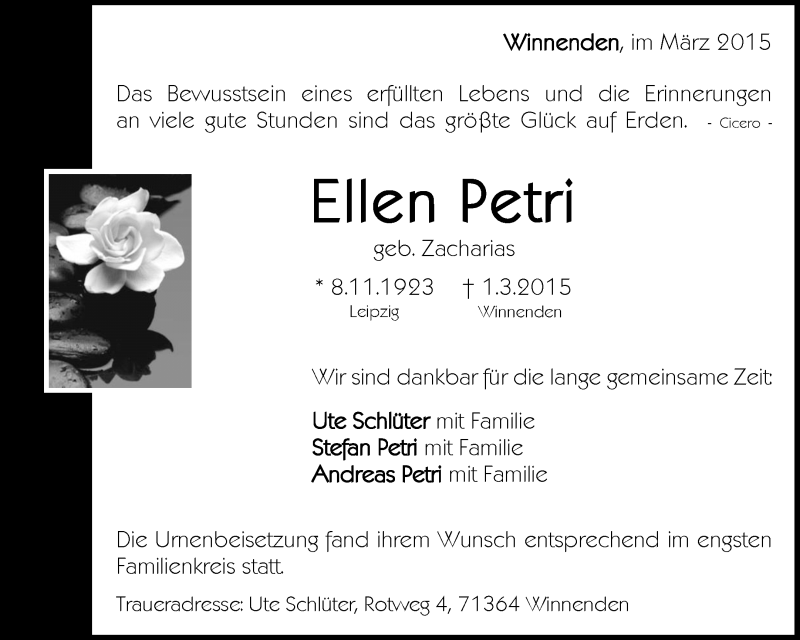  Traueranzeige für Ellen Petri vom 17.03.2015 aus Waiblinger Kreiszeitung