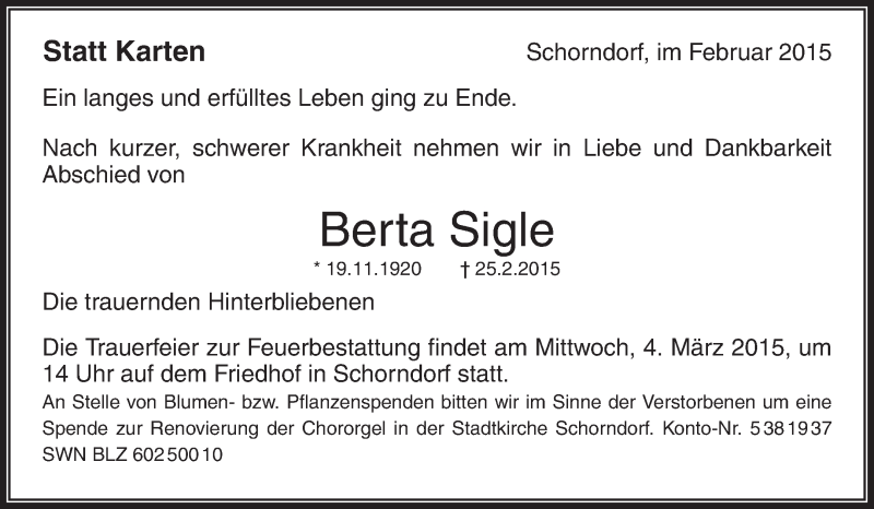  Traueranzeige für Berta Sigle vom 28.02.2015 aus Waiblinger Kreiszeitung