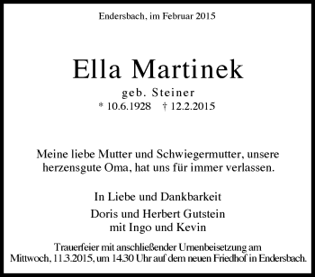 Traueranzeige von Ella Martinek von Waiblinger Kreiszeitung