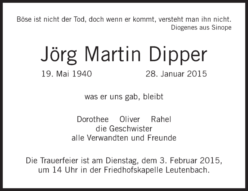  Traueranzeige für Jörg Martin Dipper vom 31.01.2015 aus Waiblinger Kreiszeitung