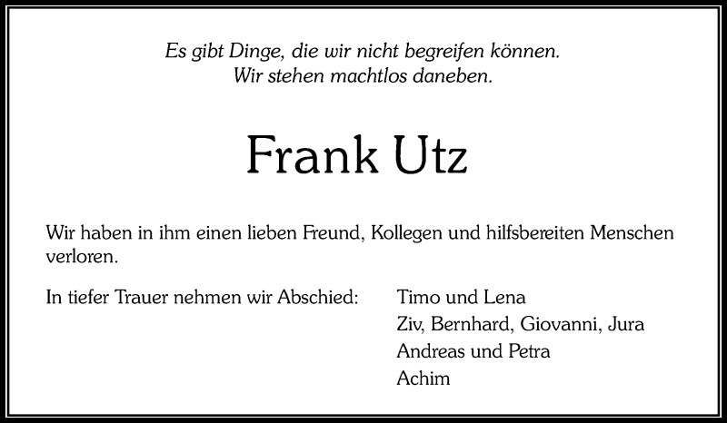  Traueranzeige für Frank Utz vom 25.04.2015 aus Waiblinger Kreiszeitung