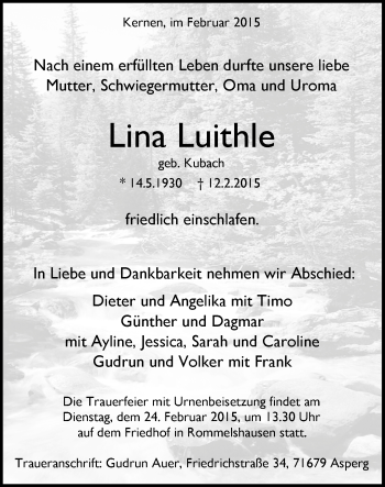 Traueranzeige von Lina Luithle von Waiblinger Kreiszeitung