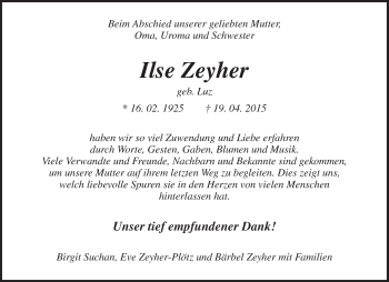 Traueranzeige von Ilse Zeyher von Waiblinger Kreiszeitung