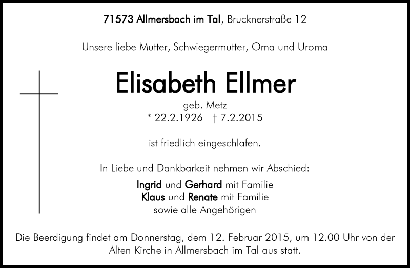  Traueranzeige für Elisabeth Ellmer vom 10.02.2015 aus Waiblinger Kreiszeitung