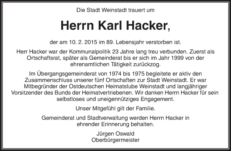  Traueranzeige für Karl Hacker vom 17.02.2015 aus Waiblinger Kreiszeitung