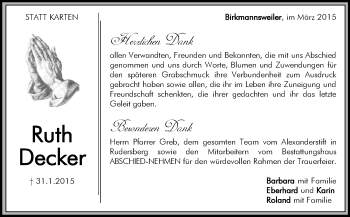 Traueranzeige von Ruth Decker von Waiblinger Kreiszeitung