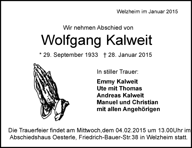  Traueranzeige für Wolfgang Kalweit vom 31.01.2015 aus Waiblinger Kreiszeitung