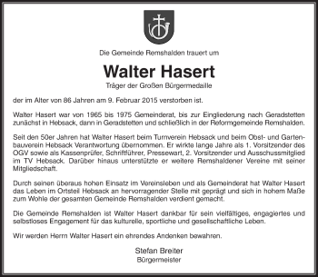 Traueranzeige von Walter Hasert von Waiblinger Kreiszeitung