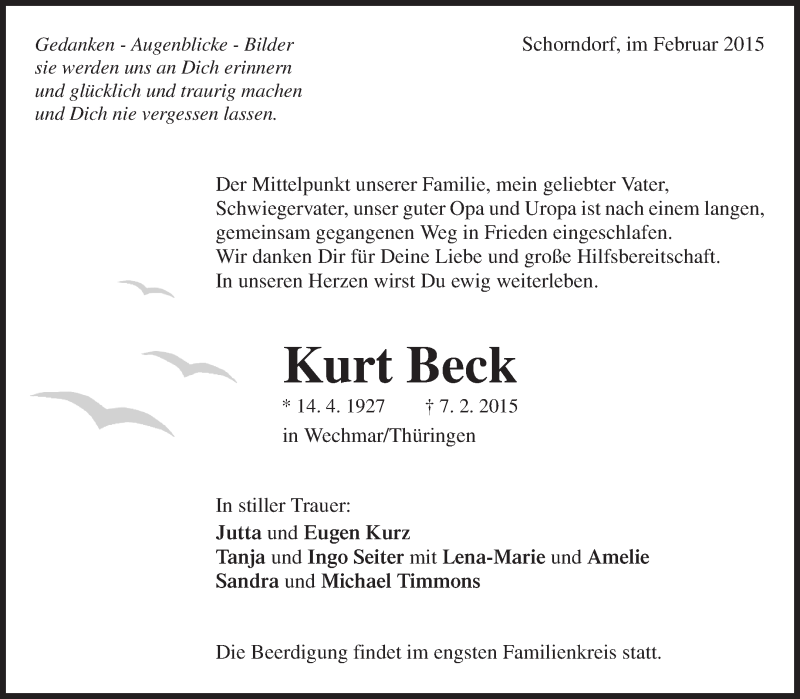  Traueranzeige für Kurt Beck vom 11.02.2015 aus Waiblinger Kreiszeitung