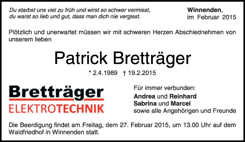  Traueranzeige für Patrick Bretträger vom 24.02.2015 aus Waiblinger Kreiszeitung
