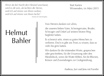 Traueranzeige von Helmut Bahler von Waiblinger Kreiszeitung