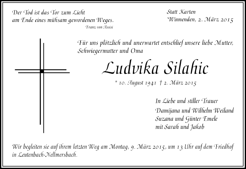  Traueranzeige für Ludvika Silahic vom 05.03.2015 aus Waiblinger Kreiszeitung