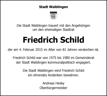 Traueranzeige von Friedrich Schild von Waiblinger Kreiszeitung