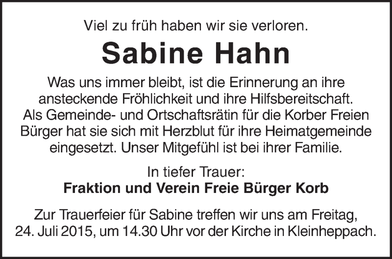  Traueranzeige für Sabine Hahn vom 23.07.2015 aus Waiblinger Kreiszeitung
