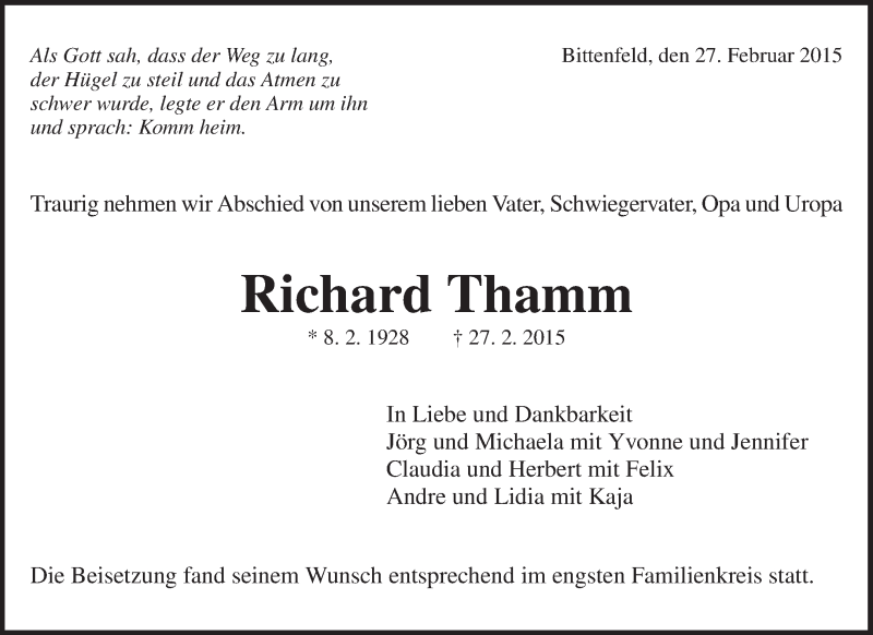  Traueranzeige für Richard Thamm vom 07.03.2015 aus Waiblinger Kreiszeitung
