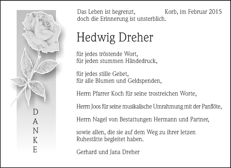  Traueranzeige für Hedwig Dreher vom 27.02.2015 aus Waiblinger Kreiszeitung