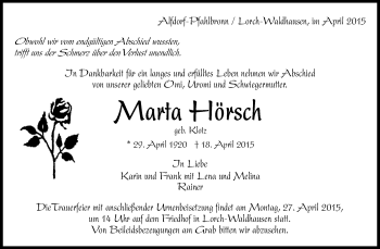 Traueranzeige von Marta Hörsch von Waiblinger Kreiszeitung