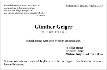 Traueranzeige von Günther Geiger von Waiblinger Kreiszeitung